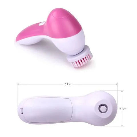 Pink electric facial cleanser with soft brush attachment and roller massager on white background, compact size