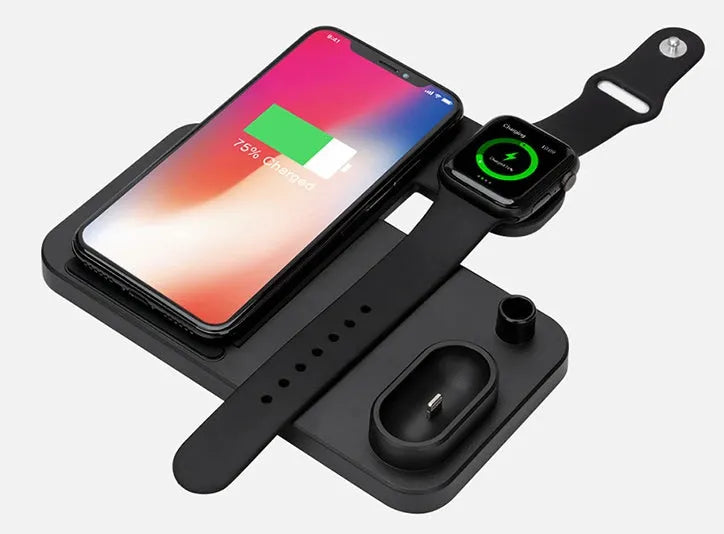 Foldable 4-in-1 wireless charging station for iPhone, Apple Watch, AirPods and Apple Pencil on a desk