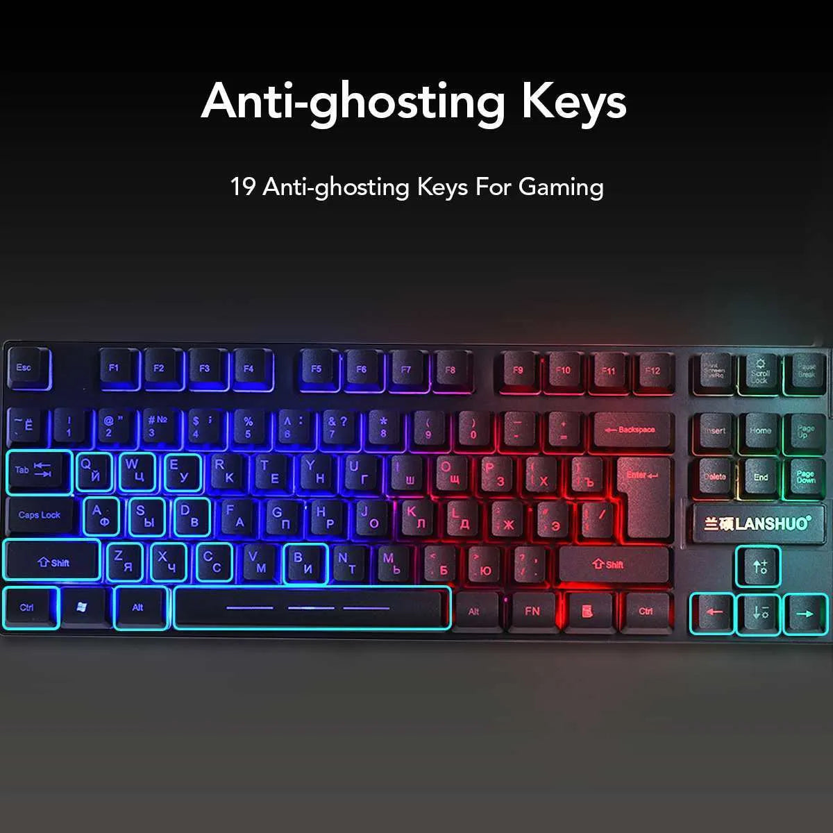 Black USB wired backlit keyboard and mouse set with multimedia keys on a desk