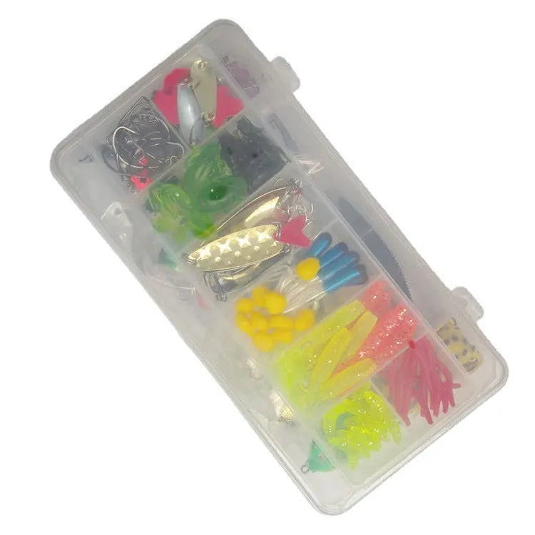 142-piece fishing lure kit featuring metal pliers, hard minnow lures, and sequin lures on a blue background.