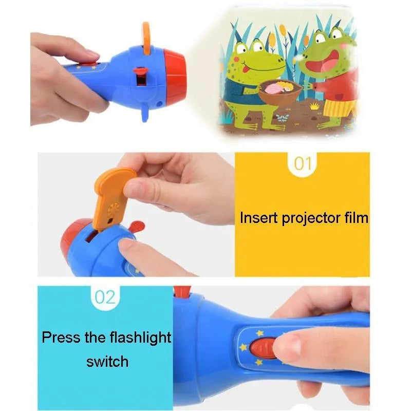 SmartKids children's story projector torch with fairy tale discs projecting images on wall