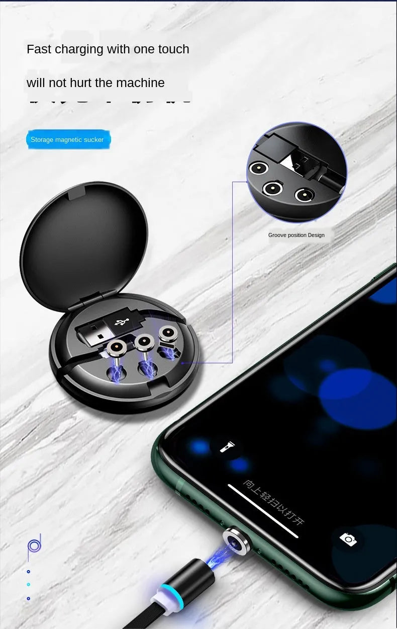 3-in-1 magnetic sucker data cable with connectors for Apple, Android, and Type-C, 1m length, black finish