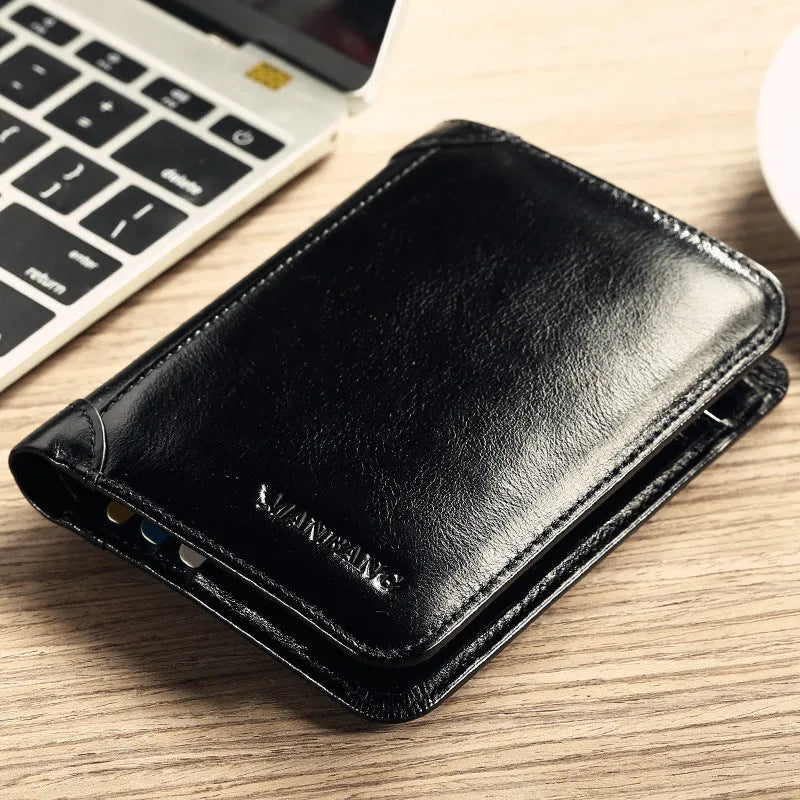 Men's leather wallet showing multiple compartments including card slots and change pocket