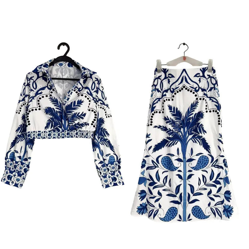 Women's early spring floral print two-piece co-ord set with long sleeve top and matching long skirt