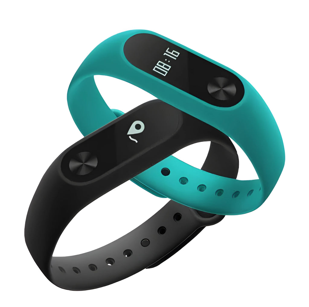 Xiaomi Mi Band 2 black fitness tracker with OLED screen on an adjustable thermoplastic elastomer wrist strap.