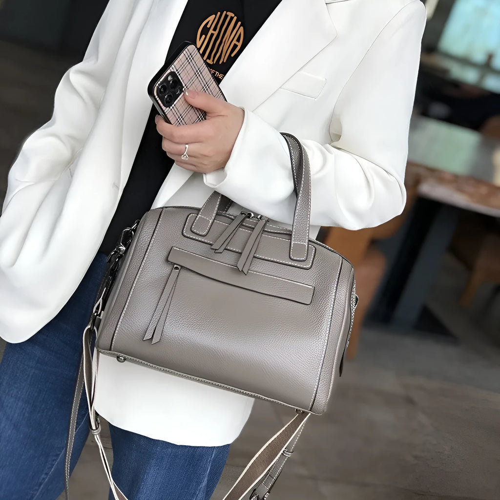 Genuine leather shoulder messenger bag with lychee grain pattern in horizontal square design
