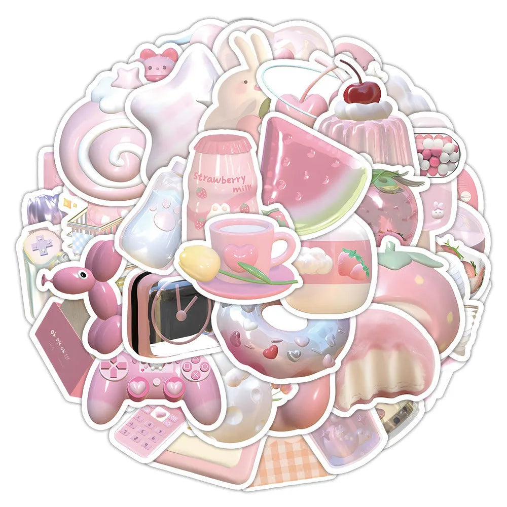 63-piece pack of 3D decorative stickers with pink girl heart patterns in cute style