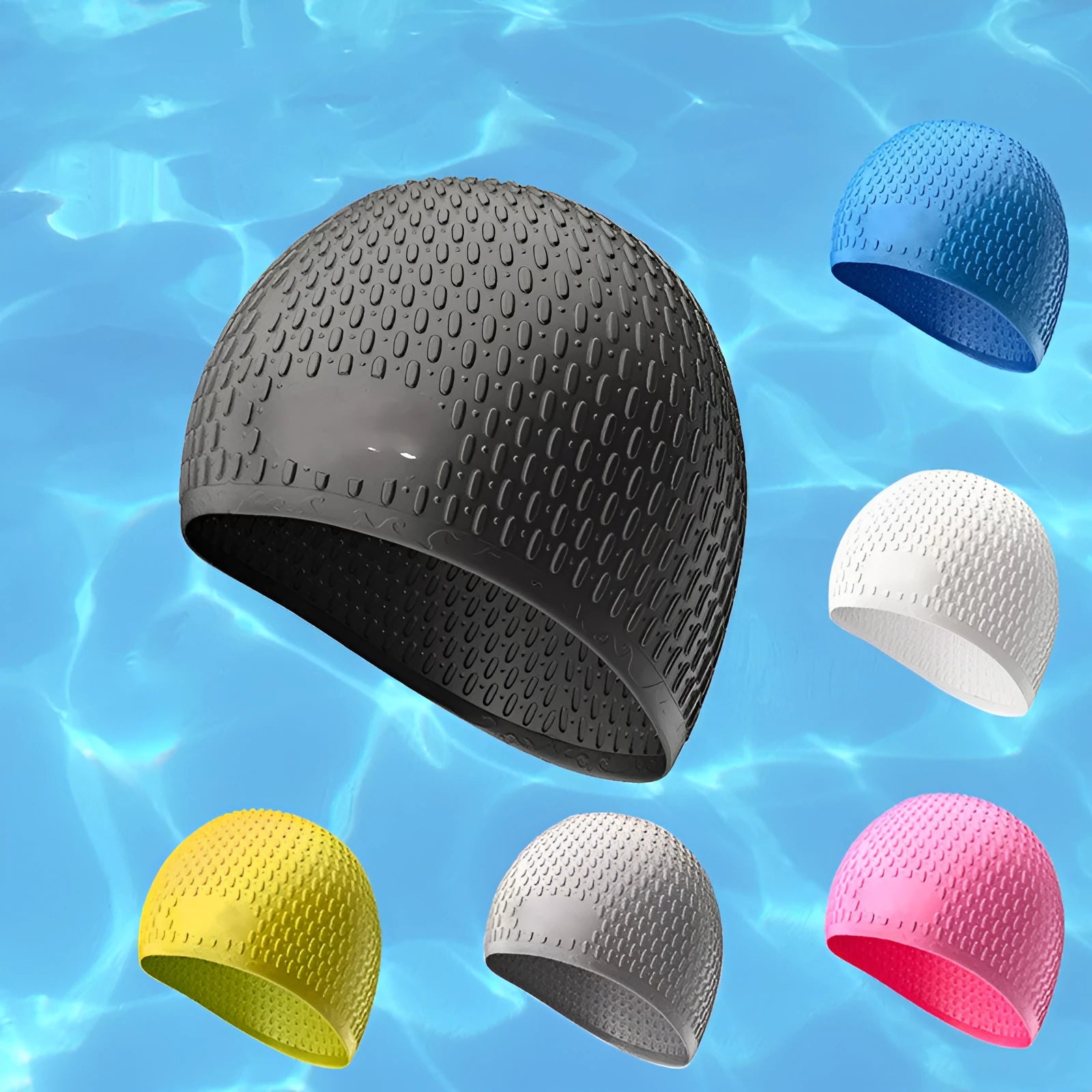 Adult silicone swimming cap in water drop design showing multiple colour options