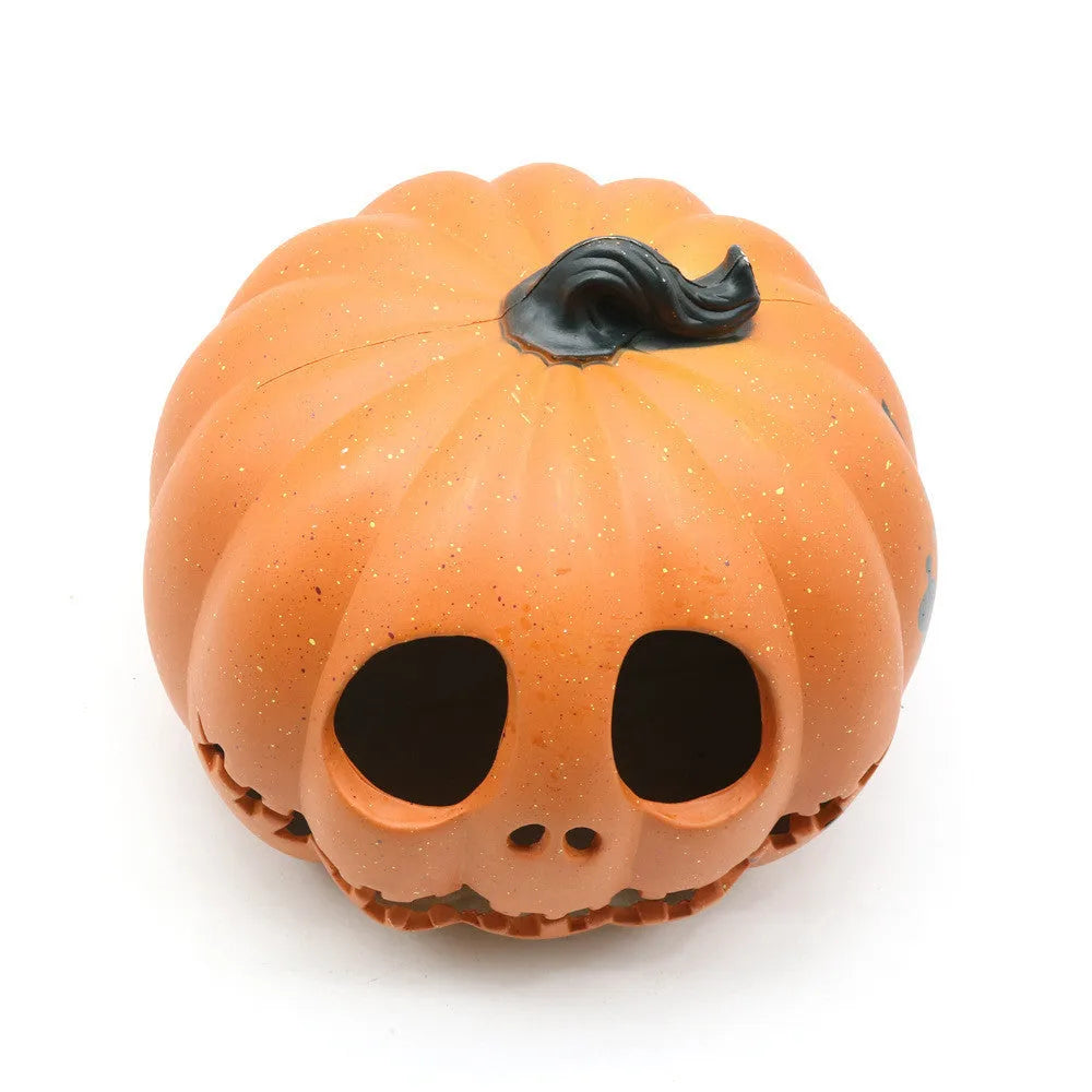 Halloween pumpkin lantern with scary hollow-out skull design in yellow resin, 23x19cm