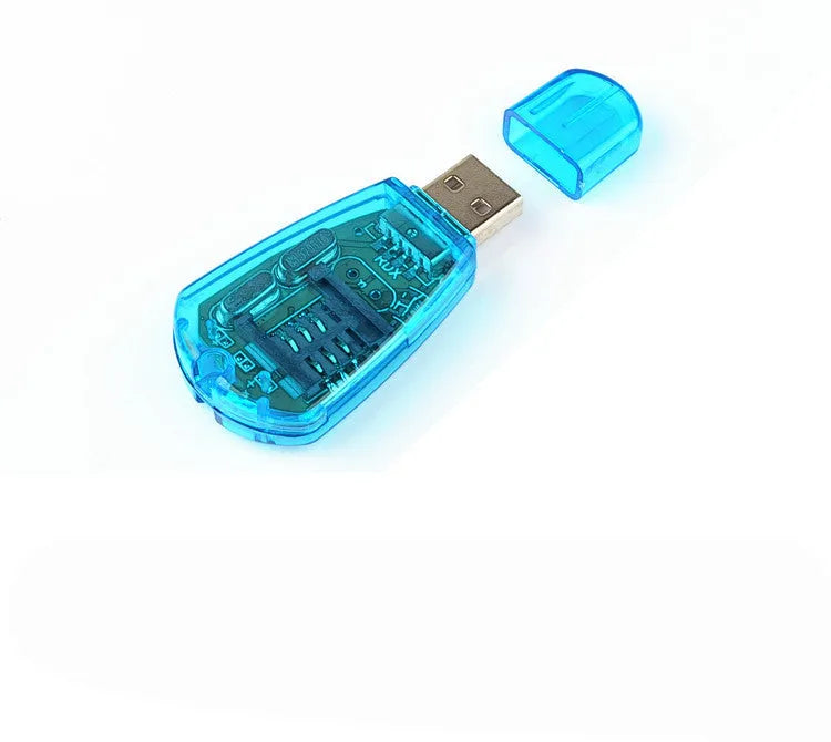 Blue external USB SIM card reader for PC to manage phonebooks and SMS messages