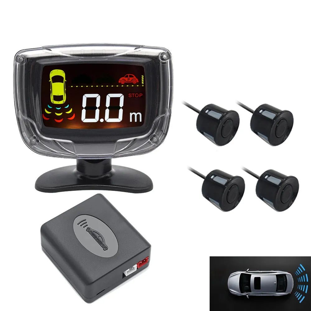 Wireless vehicle reversing sensor kit with LED display unit, four colour probes, power cable, and installation tools.