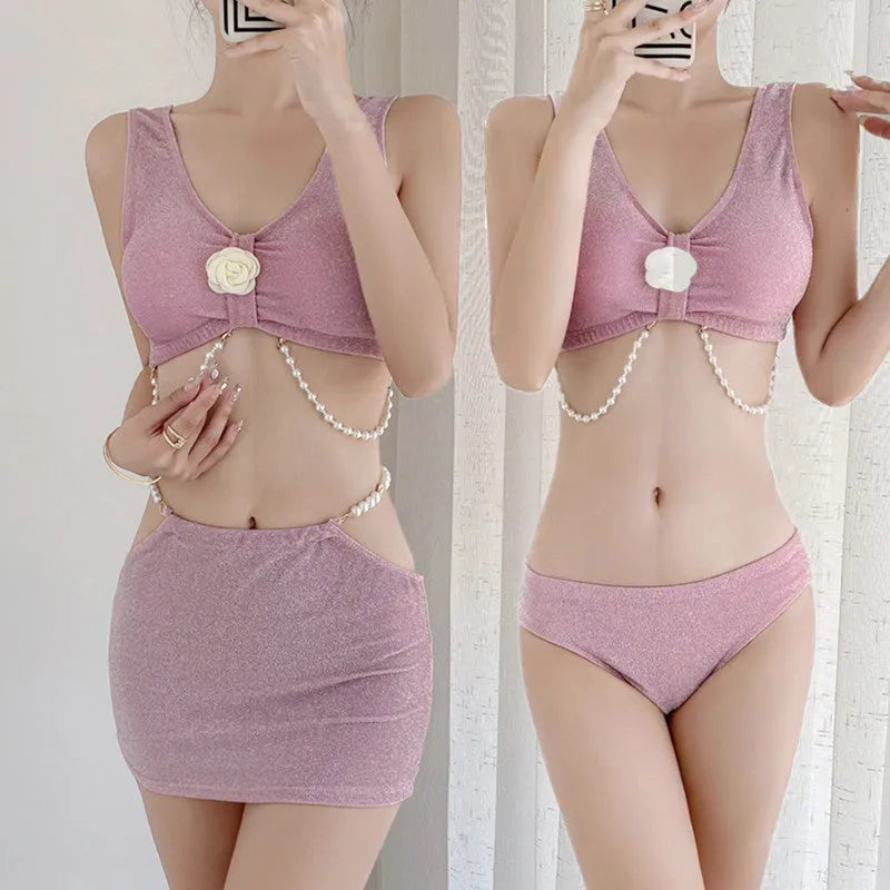 Black or pink three-piece polyester bikini swimsuit with backless design for swimming and hot springs
