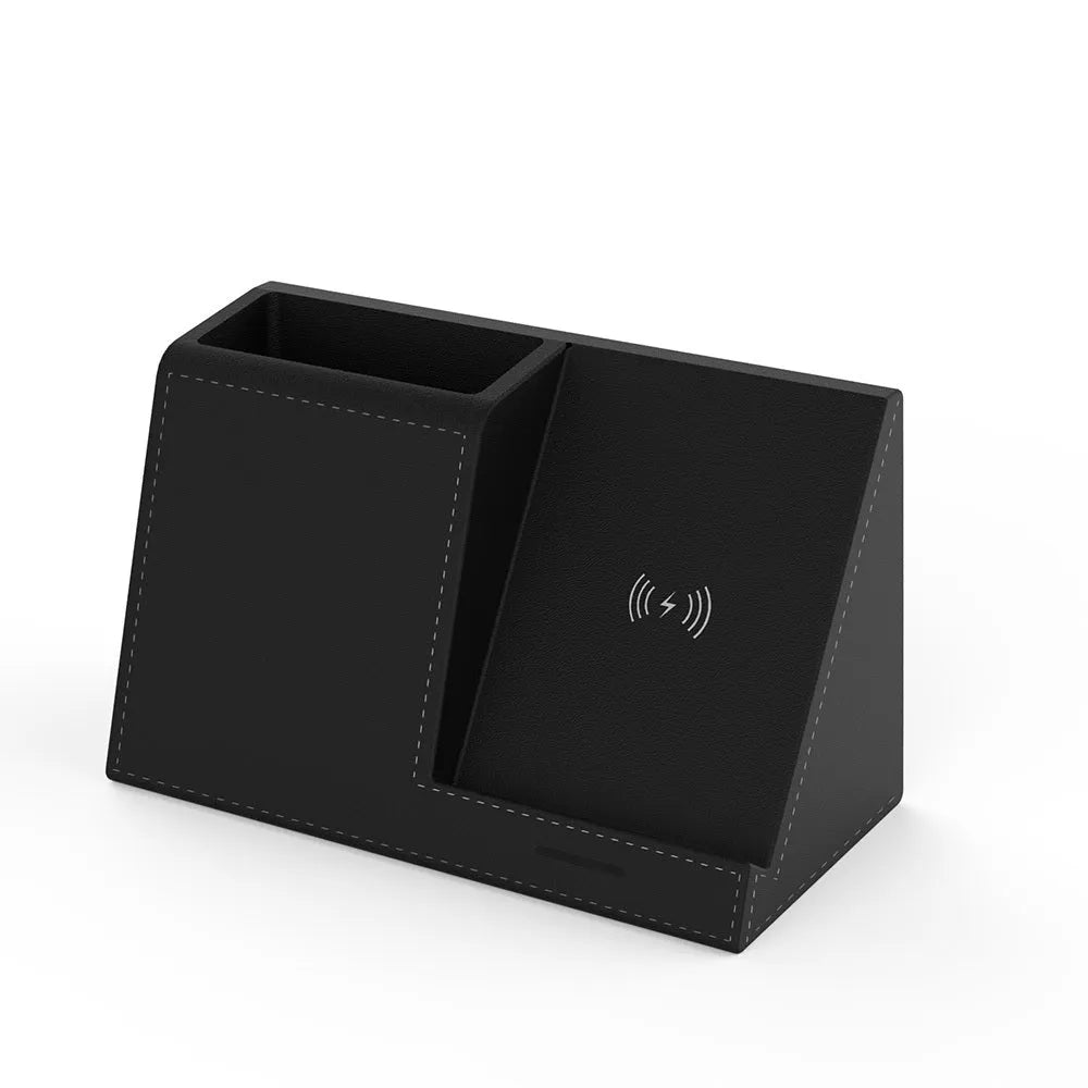 Leather desk organiser with pen holder and wireless phone charging surface