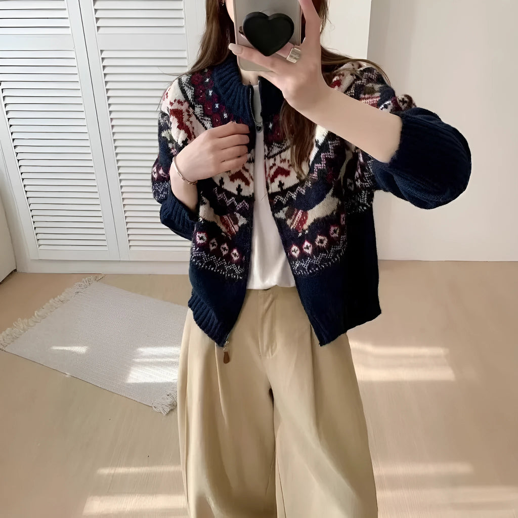 Ethnic style heavy industry jacquard pullover sweater with 3D pattern in apricot colour showing round neck and long sleeves