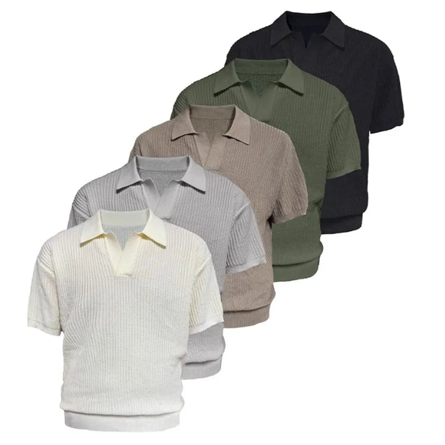 Man wearing a creamy-white loose-fit polo shirt with a striped collar, short sleeves, for summer business casual wear.