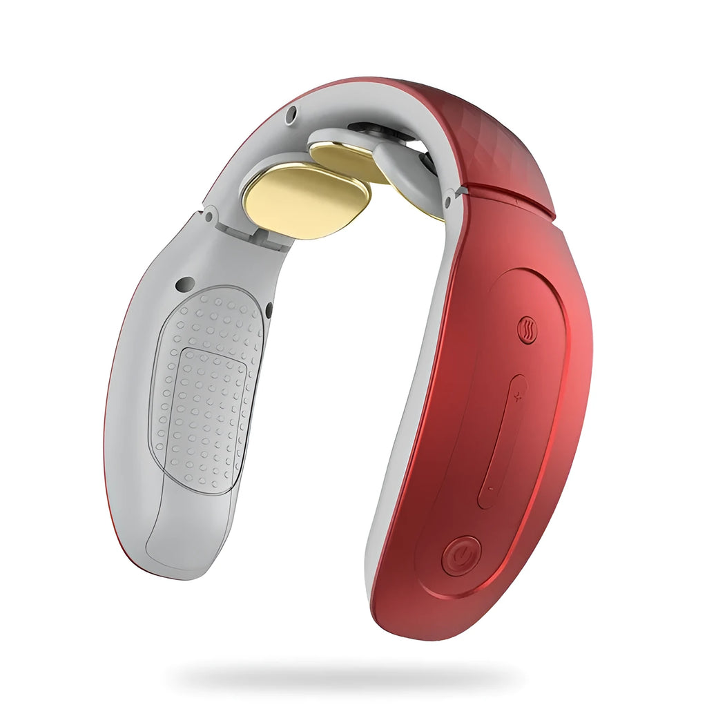 Small handheld intelligent cervical massager in red or white with battery and computer controls.