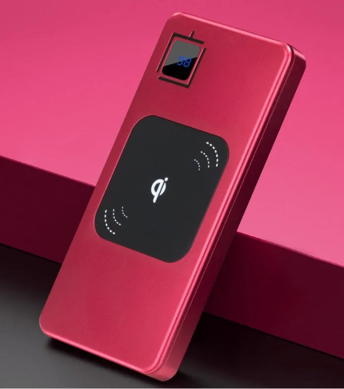 Alloy shell portable power bank with LCD display in black, silver, red, or blue.