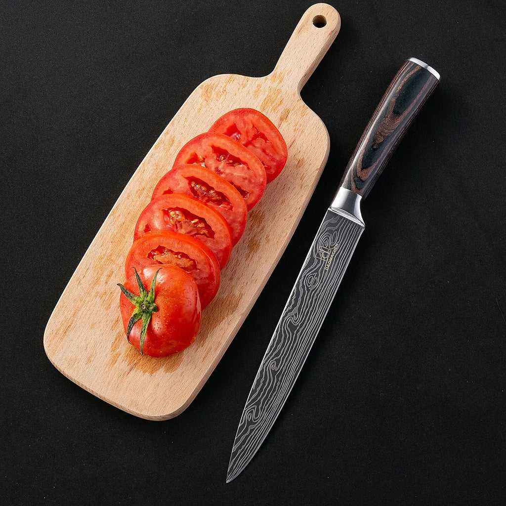 Chef knife set with 7CR17 steel blade, laser Damascus pattern, 18cm length, colour steel handle