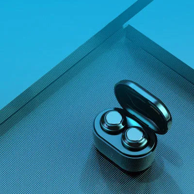 Black stereo Bluetooth headset showing earbud design with wireless connectivity features