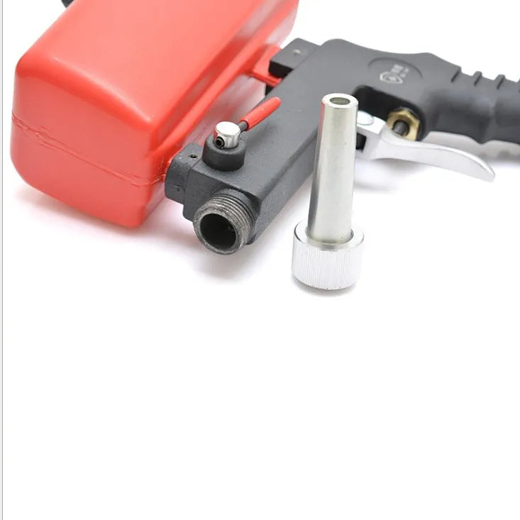 Small black and blue gravity feed pneumatic sandblasting gun with nozzle.