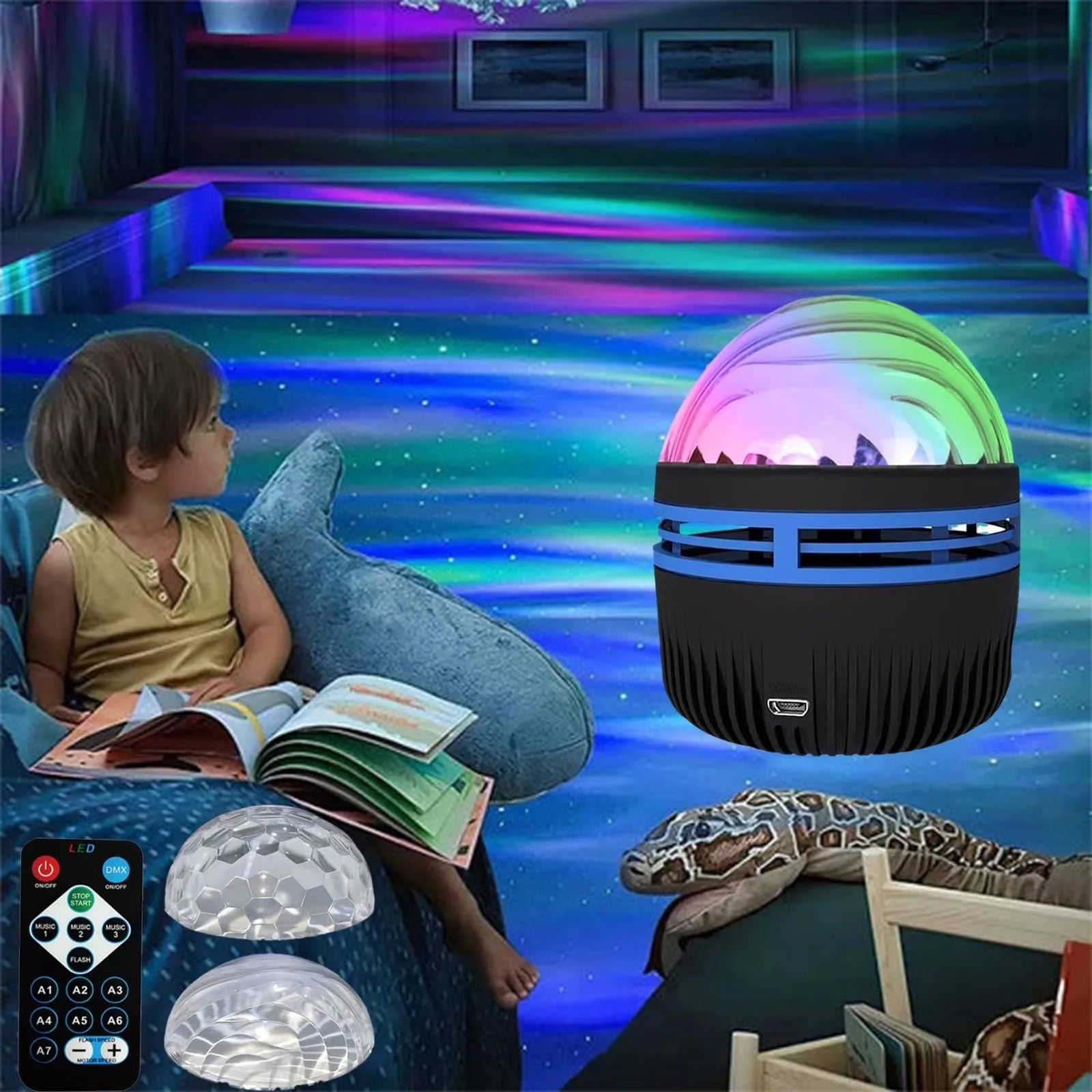 Compact LED galaxy projector night light with removable acrylic shade on a bedside table.