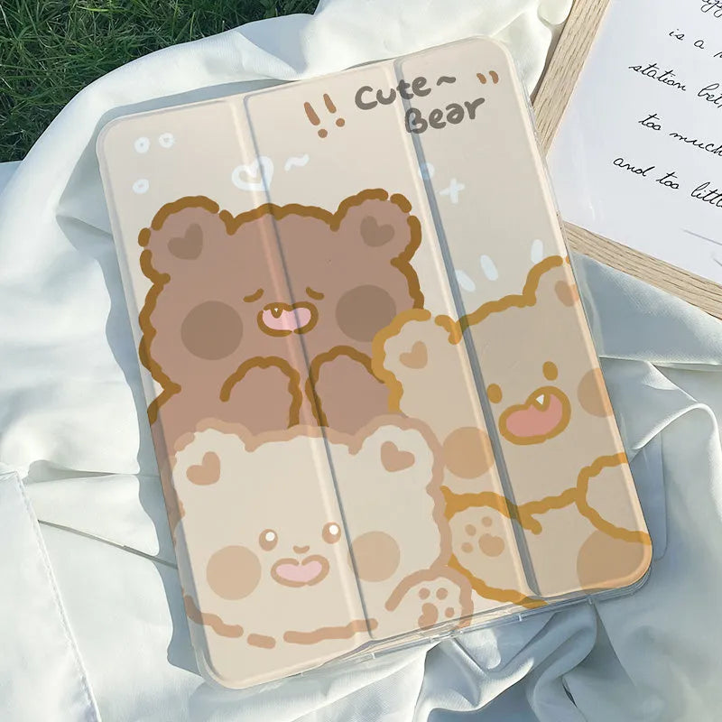Silicone tri-fold protective case for iPad with cartoon rabbit design, shown folded as a stand.