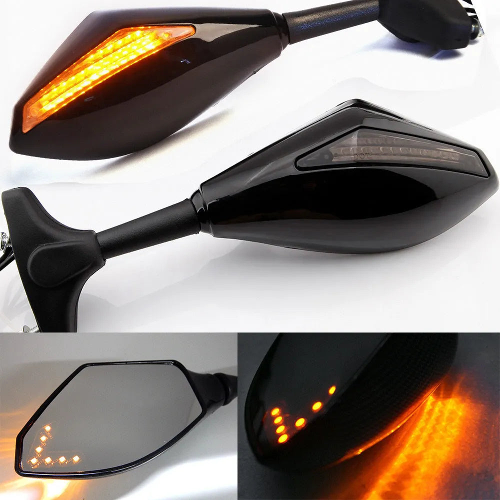Motorcycle rear view mirror with LED arrow light in carbon grain finish on a Japanese street car