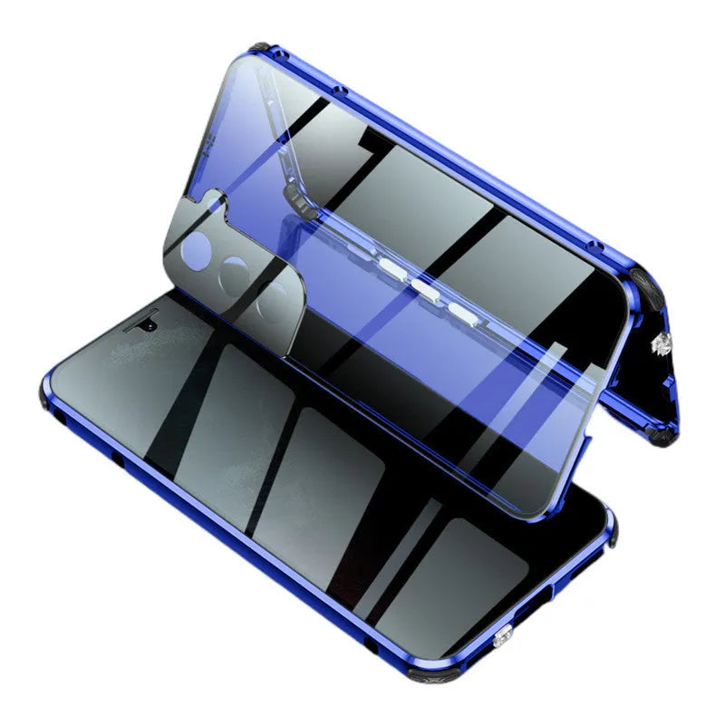 Black anti-peeping magnetic clamshell phone case for Samsung Galaxy S21 Ultra shown open and closed.