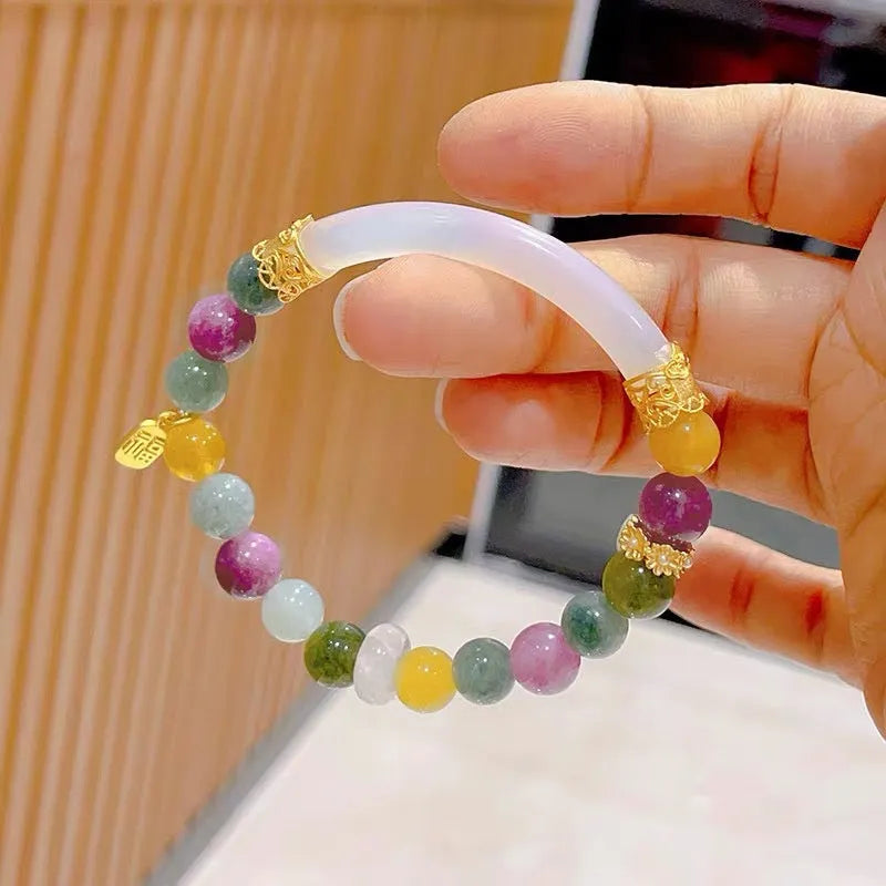 Natural jade rainbow tourmaline half bracelet for women electroplated finish