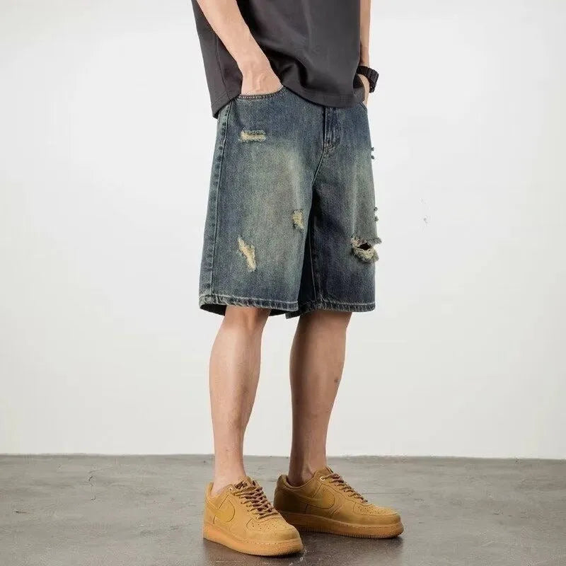 Blue retro loose hole denim men's shorts with straight-leg cut, micro-elastic fabric, in size L