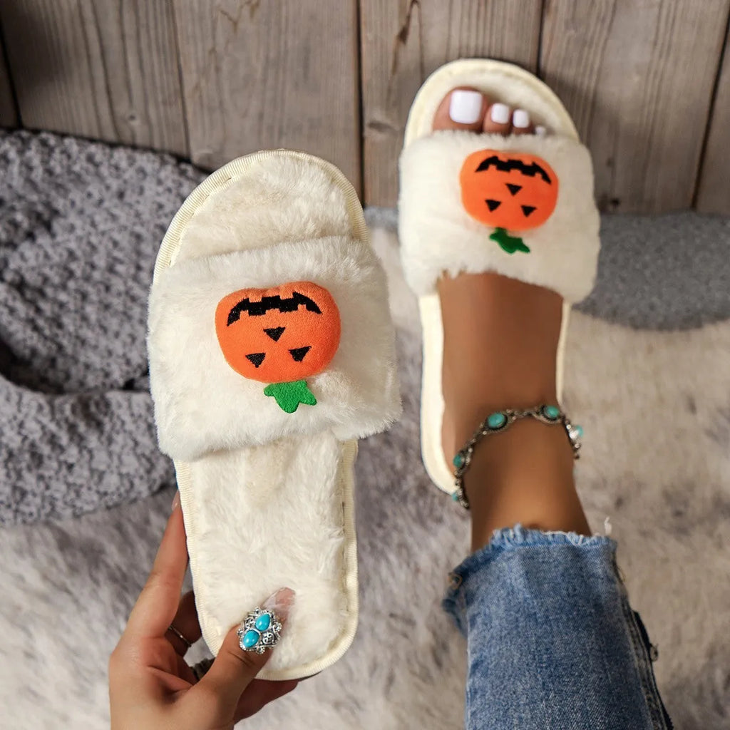 Halloween pumpkin plush open toe slippers with anti-slip PVC sole in white or yellow
