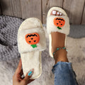 Halloween pumpkin plush open toe slippers with anti-slip PVC sole in white or yellow