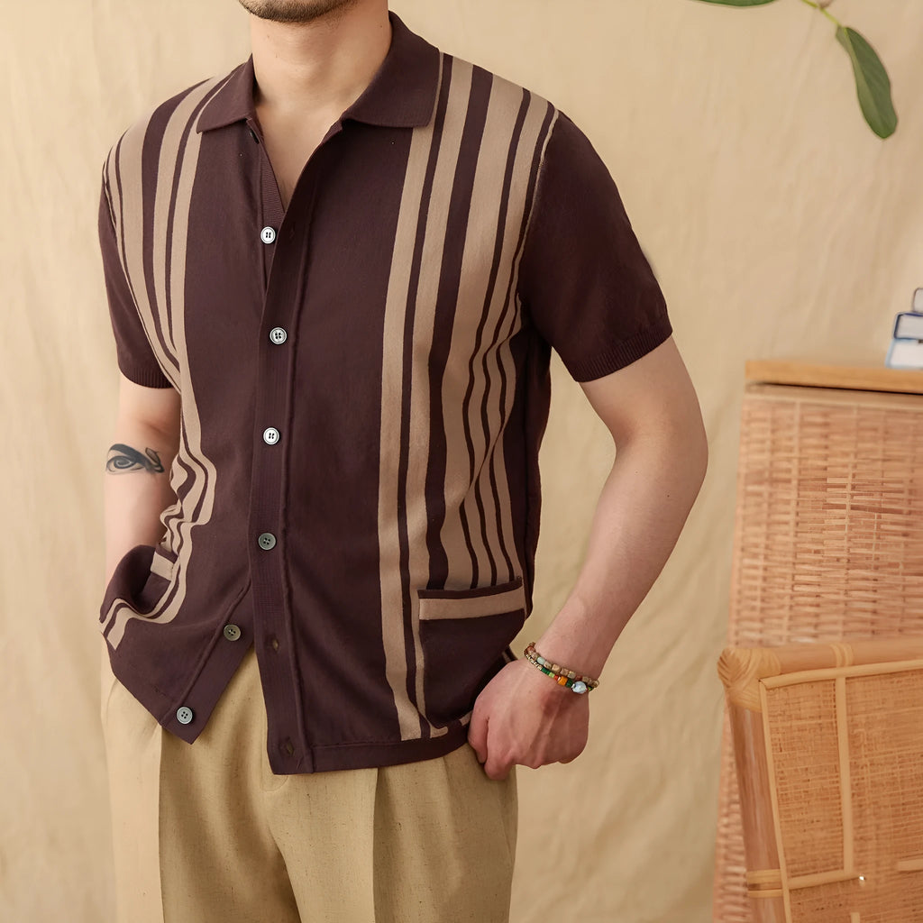 Short-sleeved knitted polo cardigan with lapel collar and blue striped pattern laid flat