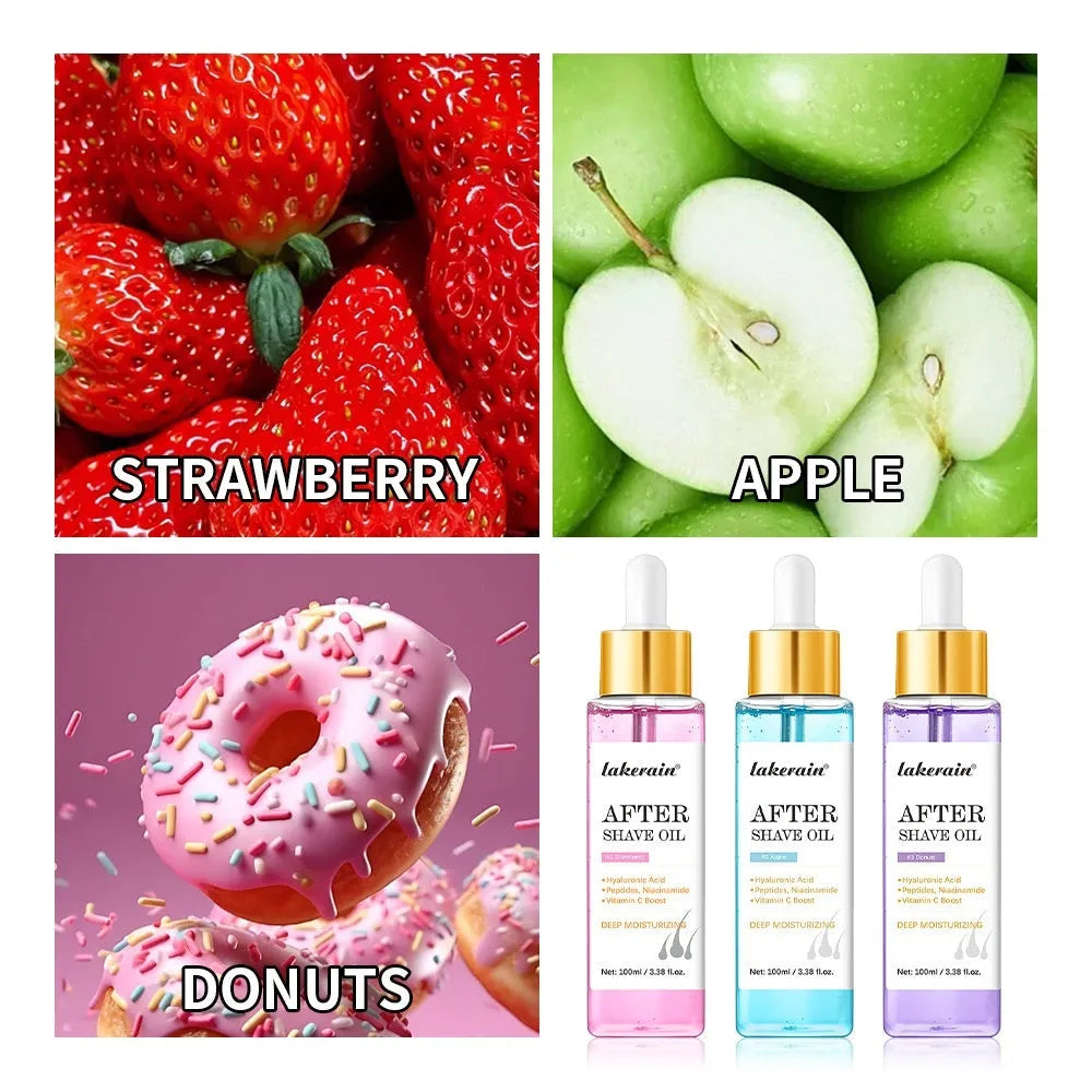 100g pogonotomy treatment oil in three flavours: Apple, Donut, Strawberry for skin moisturising and smoothing