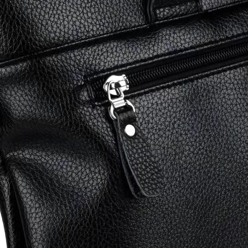 Black and brown PU leather men's messenger bag showing 35cm width and crossbody strap.