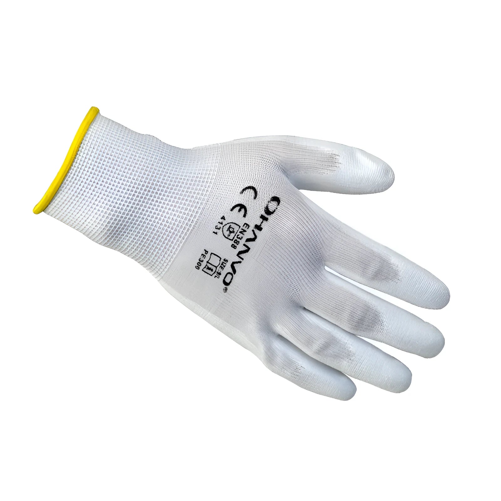 White PU coated labour gloves showing the long 24 cm cuff, available in M and L sizes.