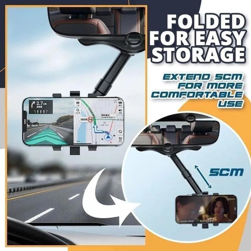 Black rearview mirror car phone holder showing 360-degree rotation and retractable arm extended.