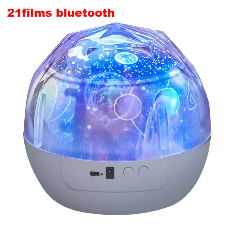 Compact plastic starry sky projector lamp showing cosmic projection on wall.