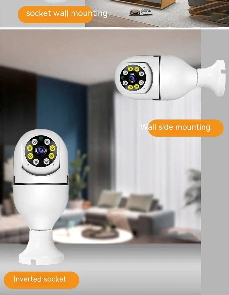 Wireless bulb security camera with compact 5cm by 12cm size and dual-band connectivity for indoor outdoor use