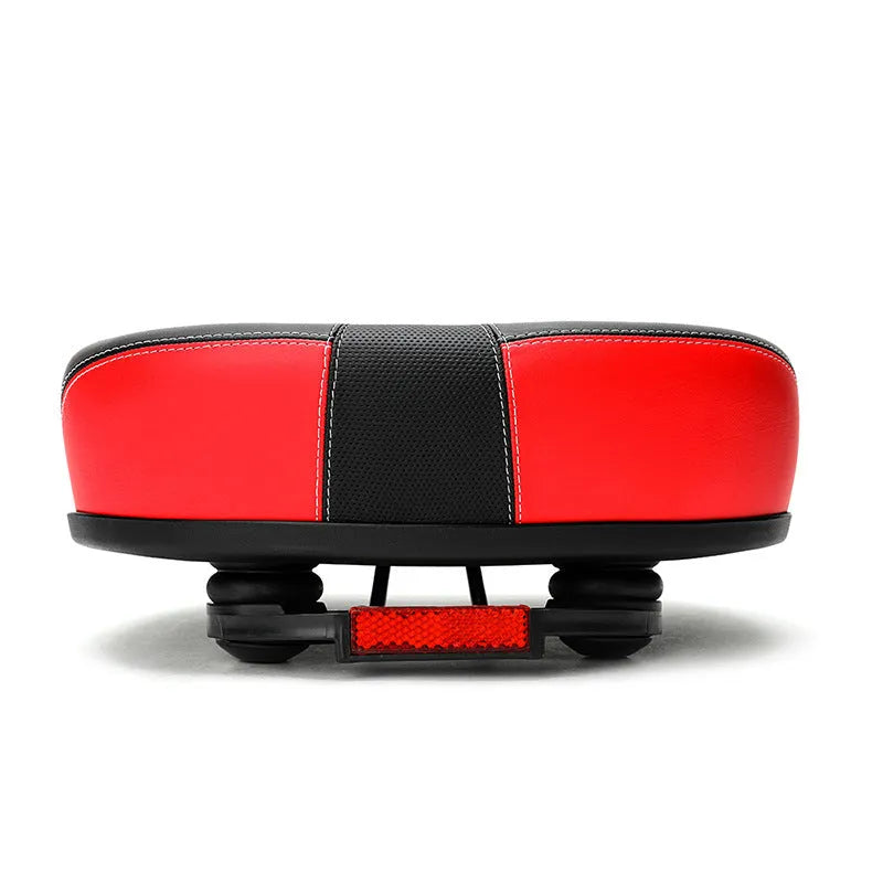 Thickened plus-size bicycle saddle in red, grey, or light brown with reflective stickers and PU cover.