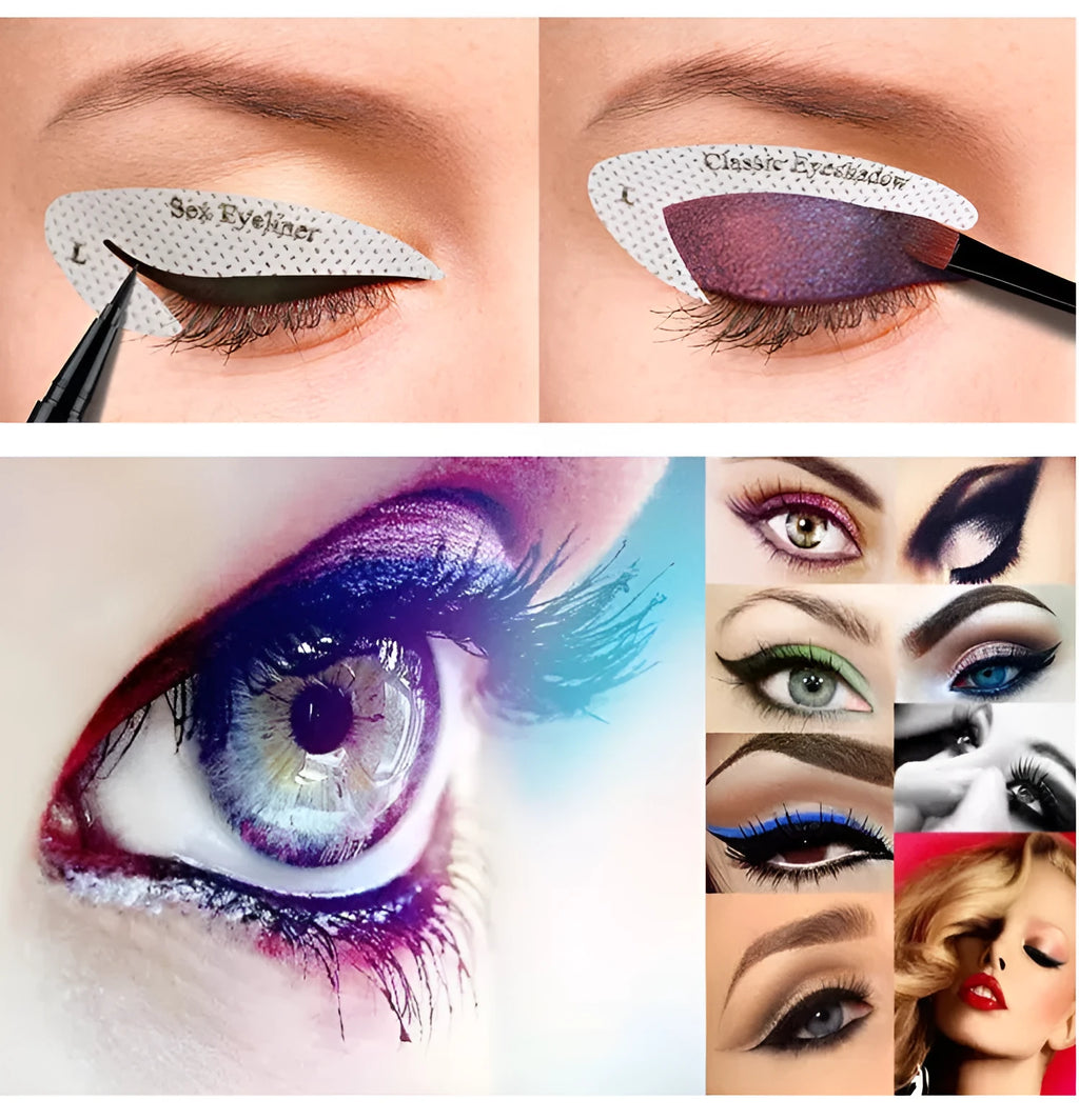Four reusable flexible eyeliner stencil templates for makeup application on wooden surface