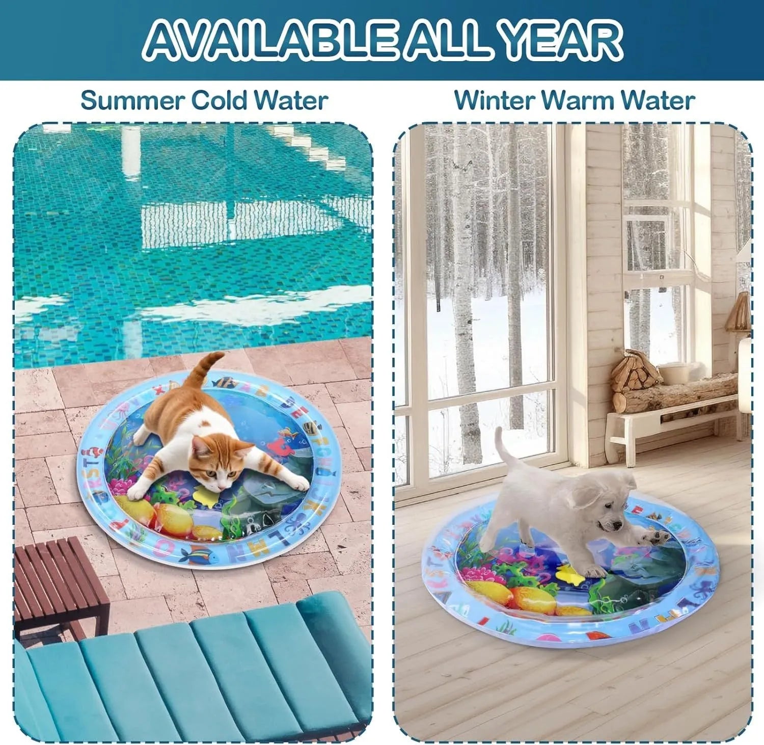 A square, blue water sensory playmat for cats on a floor, showing floating fish toys inside the clear water-filled centre.