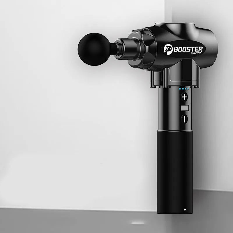 Black and white portable massage gun with variable speed control for muscle relaxation