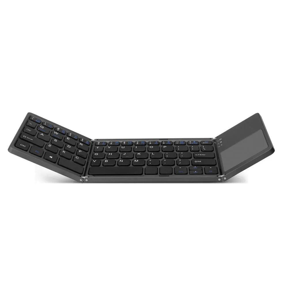 Ultra-thin tri-fold folding Bluetooth keyboard with touchpad in black, shown folded and open.
