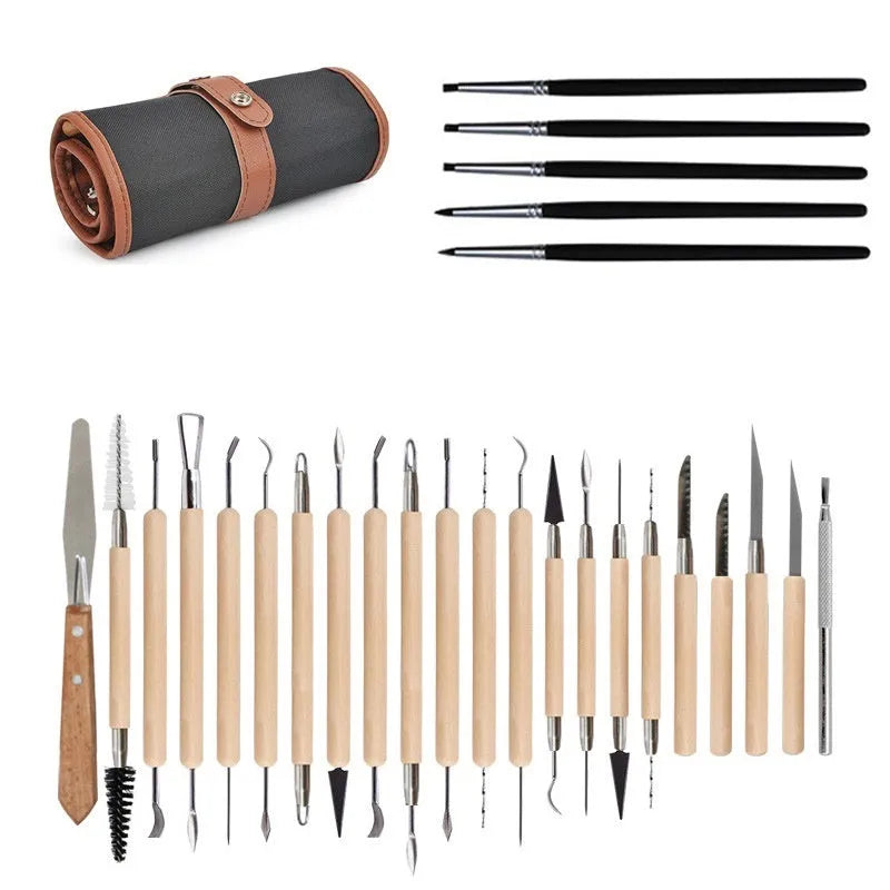 Brown roll package containing 27 pottery clay sculpting tools made of stainless steel, wood, and plastic.