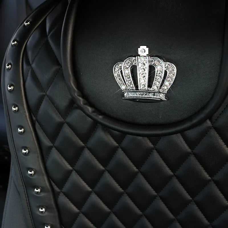 Black diamond leather car seat cushion with crown rivet rhinestone detailing from Ya Yue for five-seater automobiles