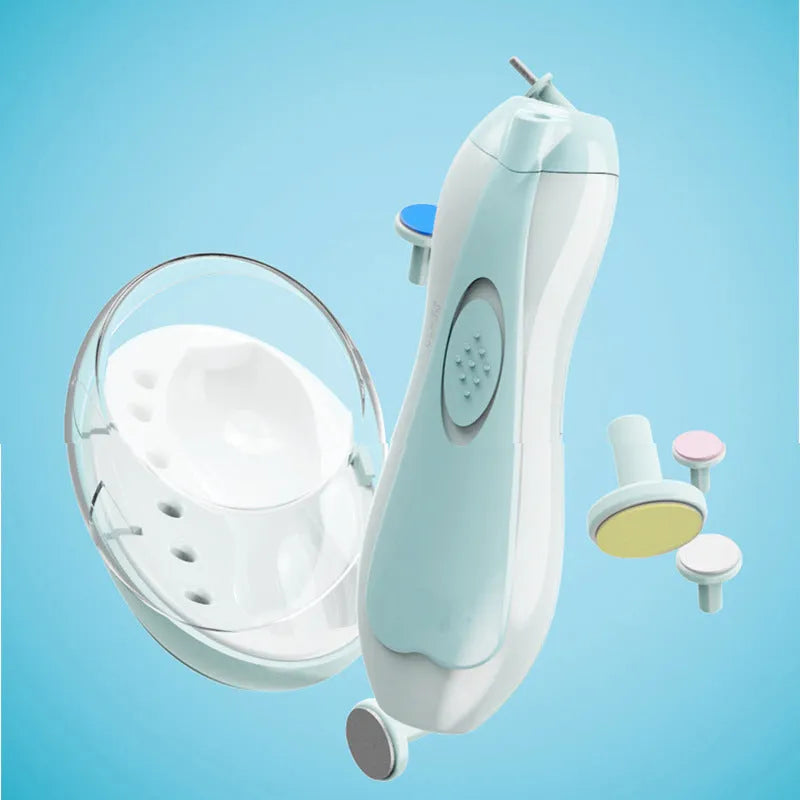 Blue electric baby nail polisher tool with rounded head for infant and toddler grooming