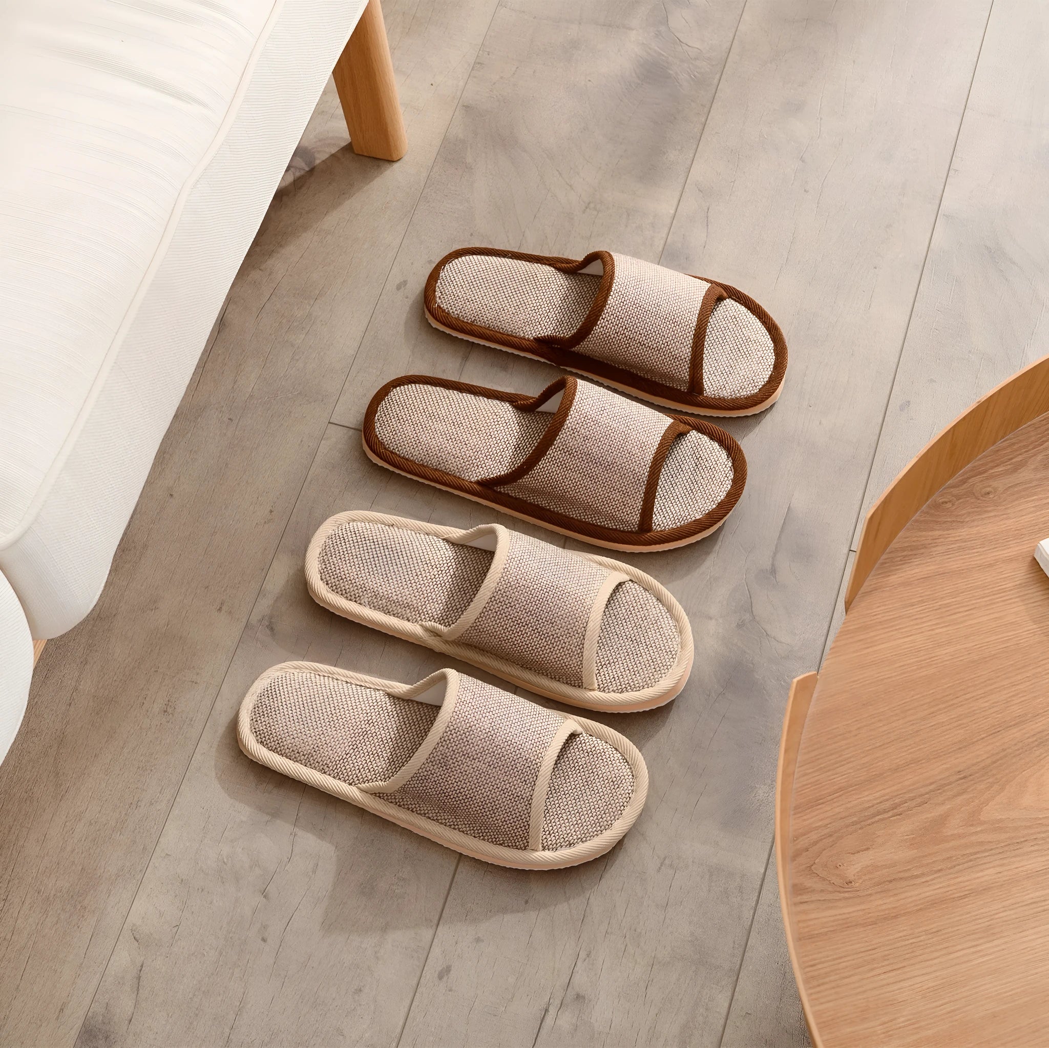 Women's cotton and linen open toe thickened slippers in dark coffee colour on a light background