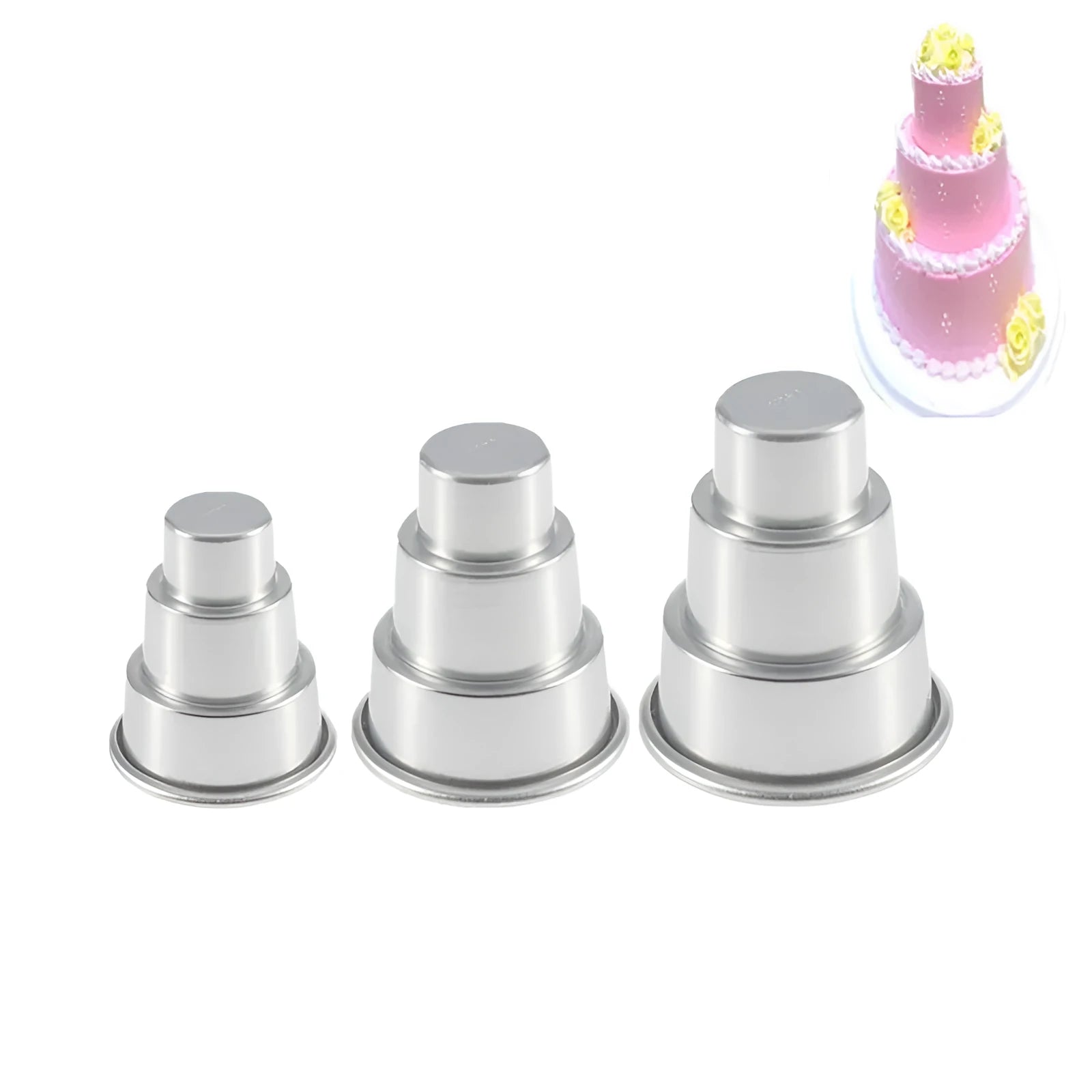 Mini three-layer aluminium alloy cake mould in silver with three sizes for fondant cake forming and DIY baking