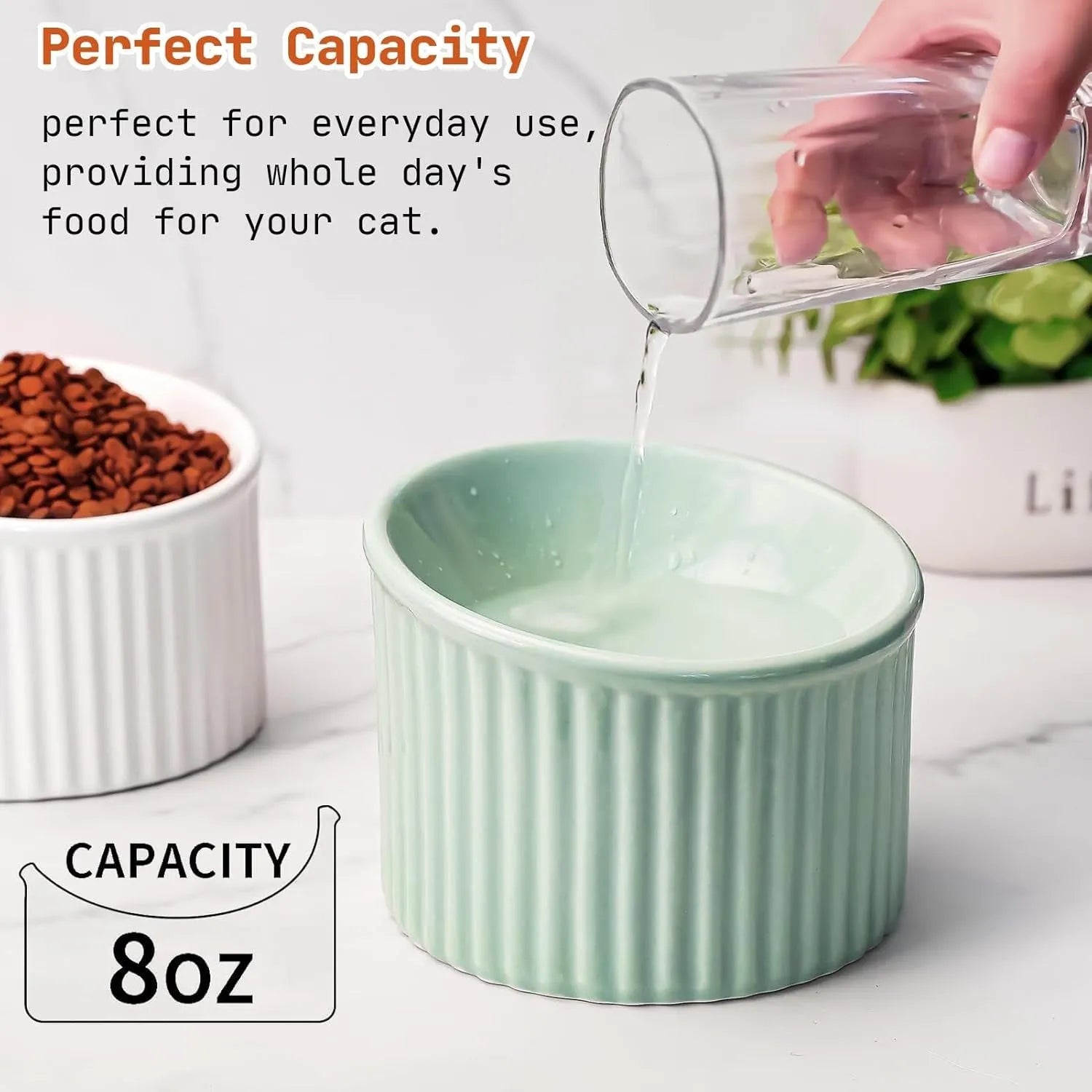 Elevated ceramic cat bowl in green colour showing tilted design and raised height for comfortable feeding